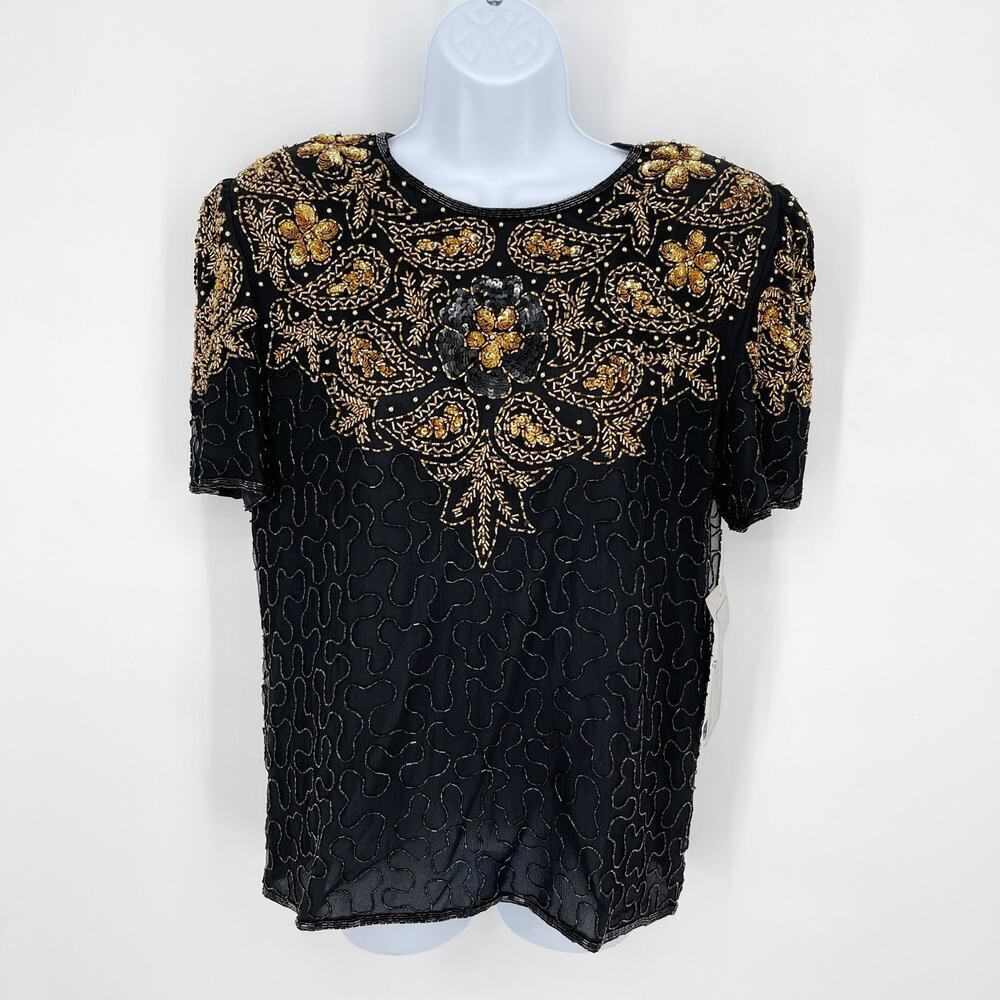Mark & John NEW Black Gold Beaded Silk Sheer Cocktail Top Womens Sz S Party